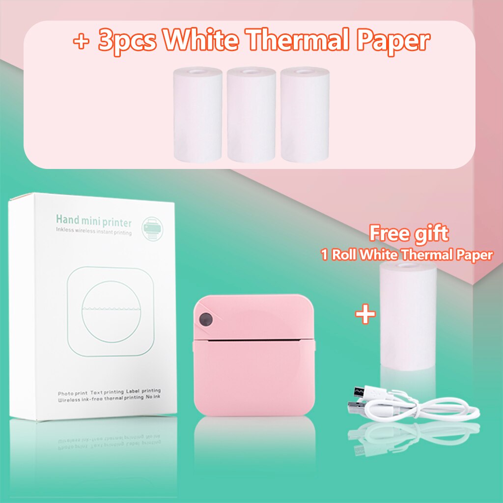 Portable Mini Printer Pocket Printer Student Note Printer Photo Text Bar Code Printer: Pink 3 White Paper