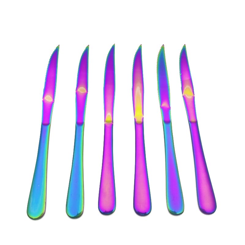 Cuchillos de acero inoxidable para carne de Color arcoíris, cuchillos de cena de estilo occidental, vajilla galvanizada, cubiertos de cena de Navidad, 6 unids/set por juego