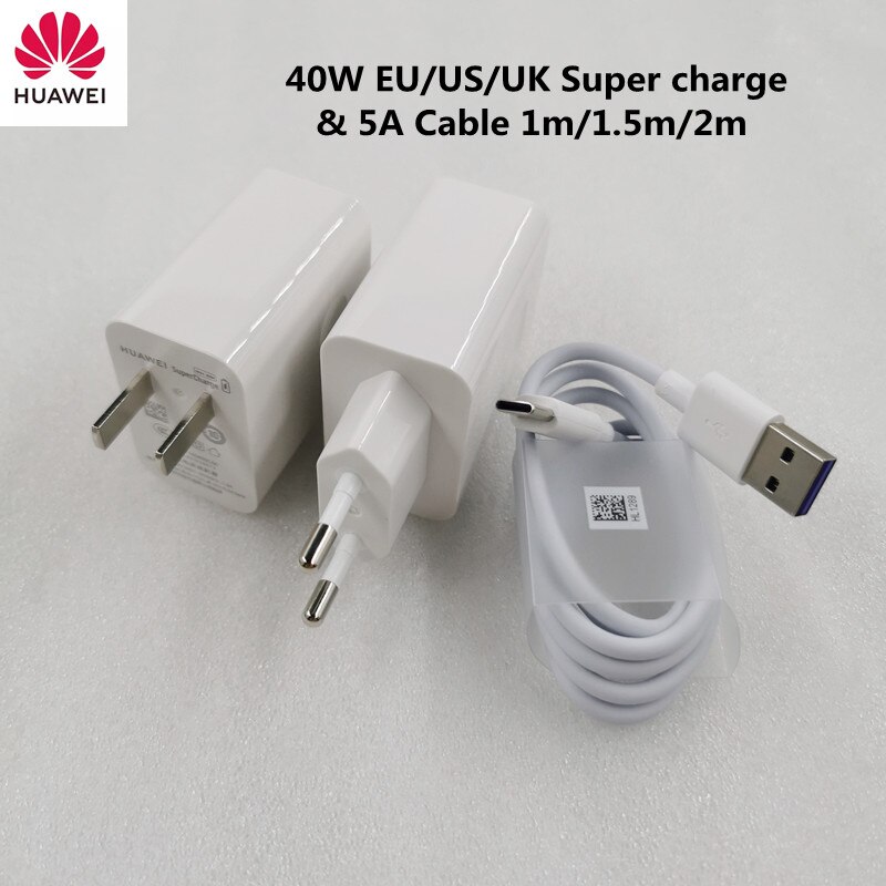 Huawei Charger 40W Original 10V4A EU US UK Supercharge Adapter 5A USB type c cable for P50 P40 P30 Mate 40 30 Pro Honor 50 X20