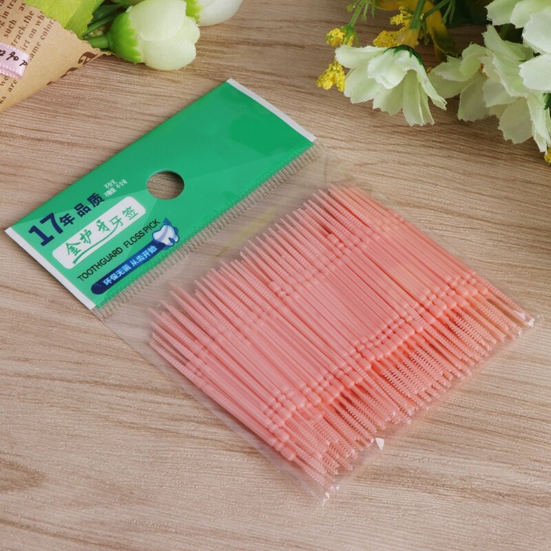 100Pcs/Lot Soft Plastic Double-headed Brush Stick Floss Pick Toothpick Oral Care