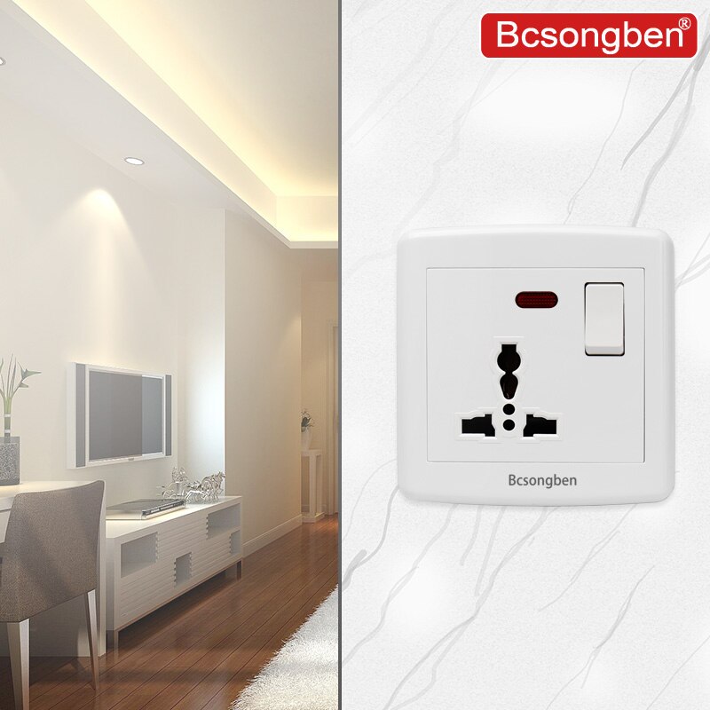 Bcsongben Universal Standard Wall Socket With LED Light Switch White PC Panel 10A 250V Universal Power Socket Outlet