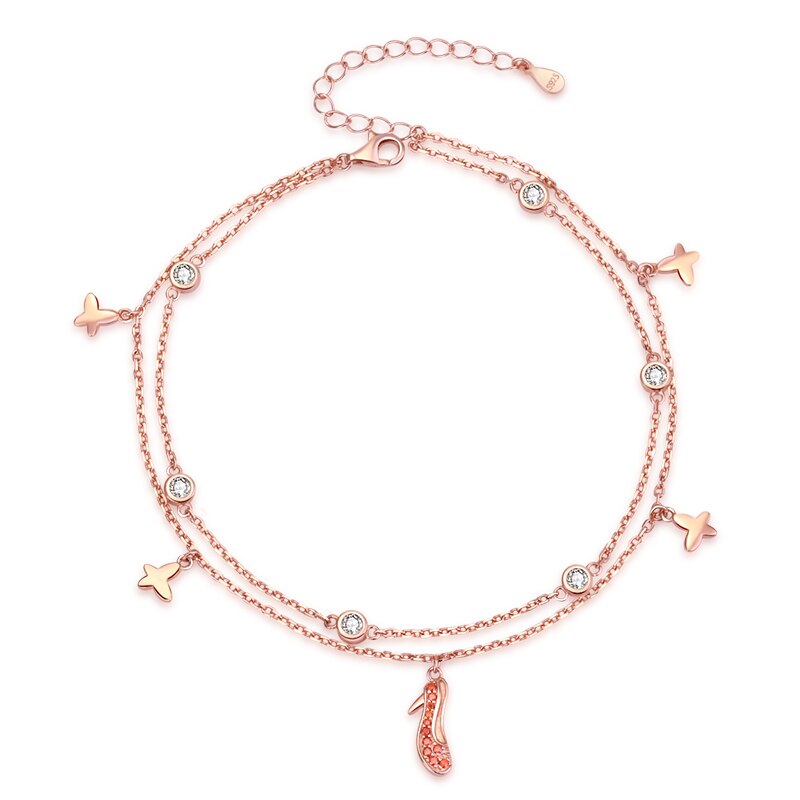 925 Sterling Silber Fußkettchen Rose Gold Schmetterling hoch Fersen Footchain Süße Doppel-schicht für Frauen murmeln Feine Schmuck freies schiff