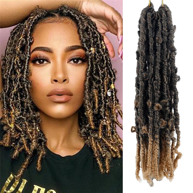 Long 14inch Butterfly Faux Locs Synthetic Crochet Braids Hair Extensions 20 Strands/pack Natural Black Curly Braiding Hair