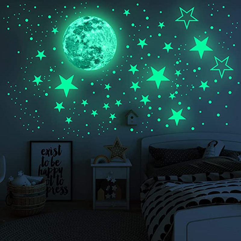 Pegatinas de pared de estrellas y Luna luminosas que brillan en la oscuridad, estrella de puntos de burbuja 3D para el hogar, decoración de techo de habitación de niños, pegatinas fluorescentes para pared