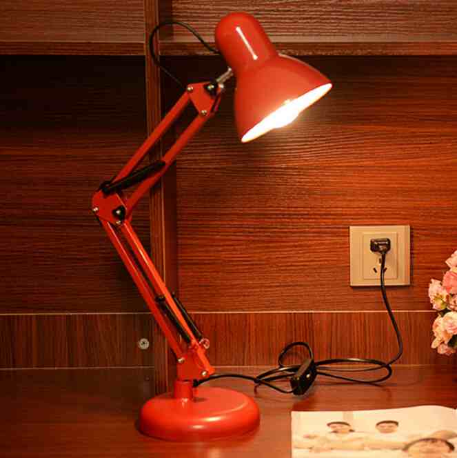 Lang svingarm justerbare klassiske skrivebordslamper  e27 led med switch bordlampe til kontorlæsning natlys sengebordshjem: Rød