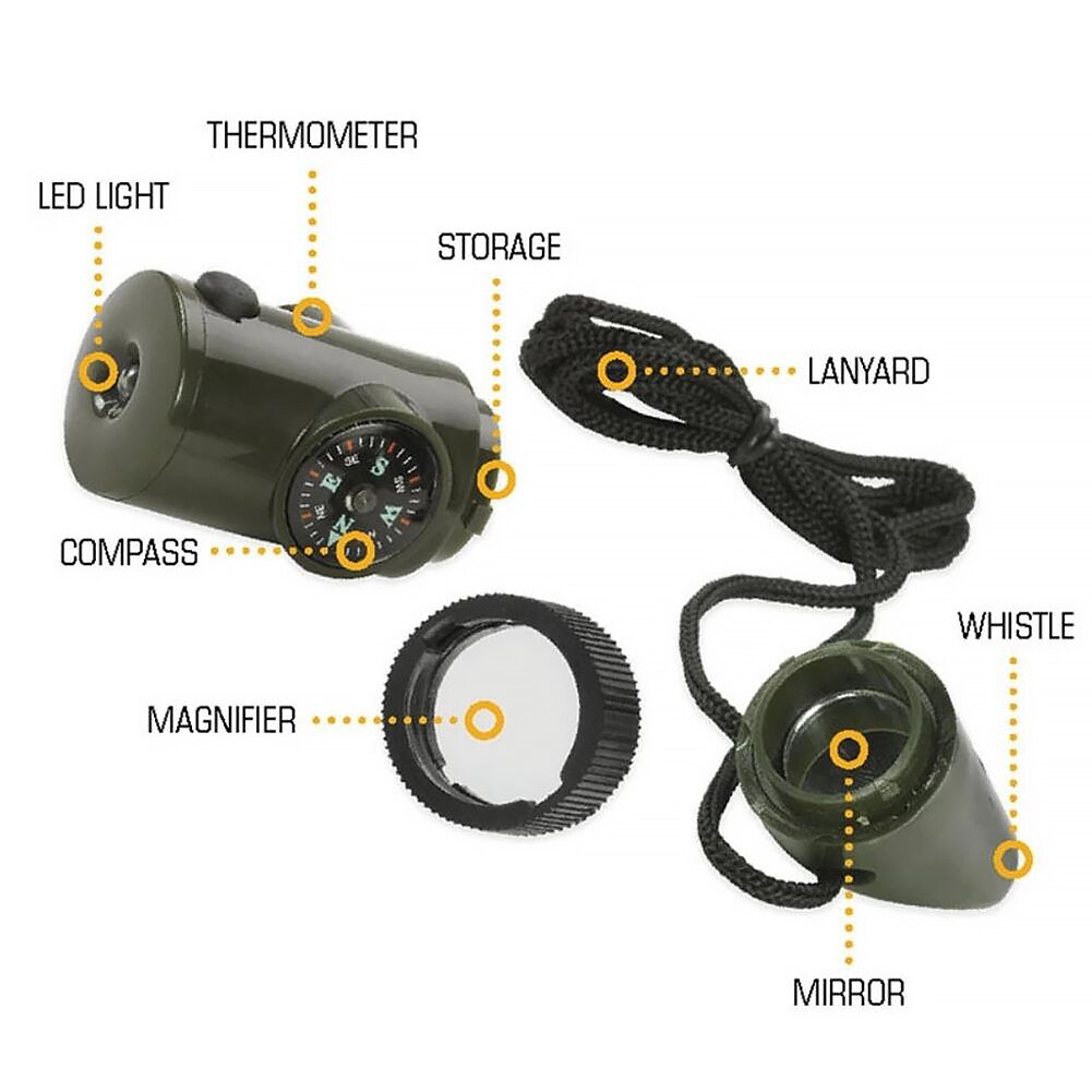 Funkcja gwizdek przetrwanie awaryjne zielone narzędzie z termometrem kompas doprowadziło światło lupa lustro na kemping piesze wycieczki na zewnątrz