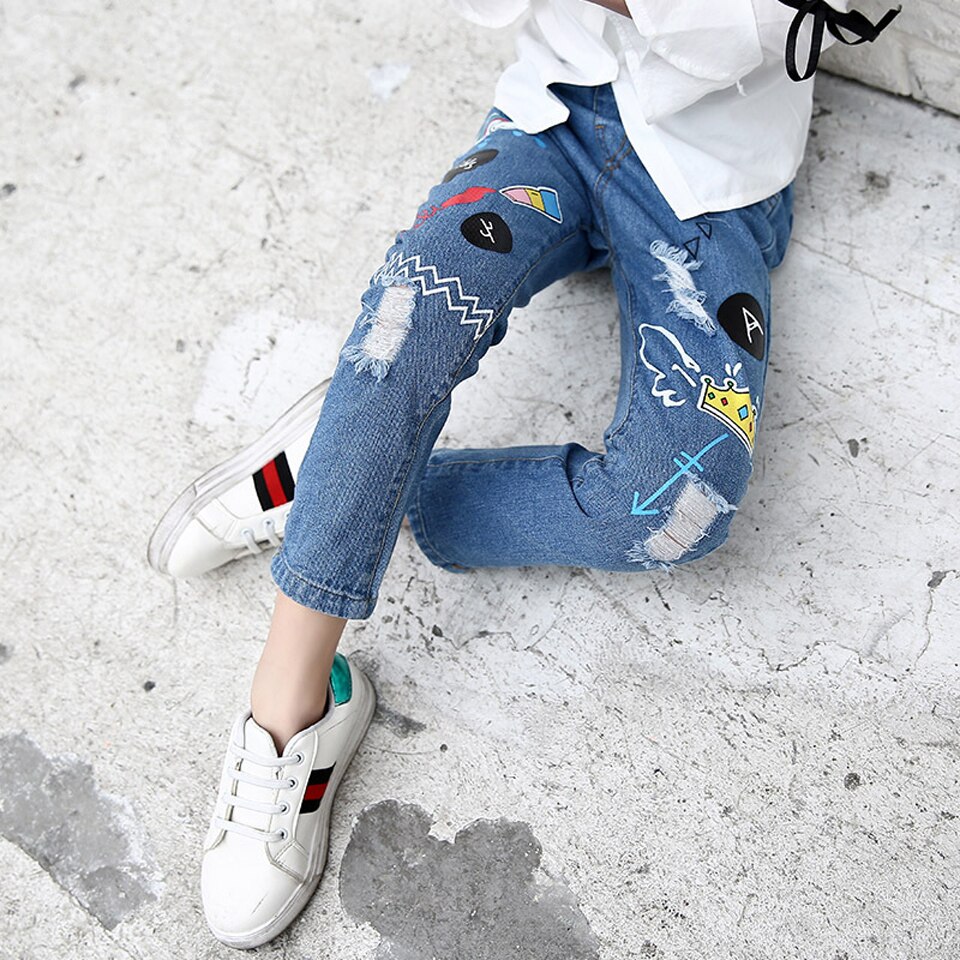Pantalones vaqueros con estampado de dibujos animados para niña, pantalón vaquero con agujeros para niño de 3, 4, 6, 8, 10, 12 y 14 años, primavera, verano y otoño,