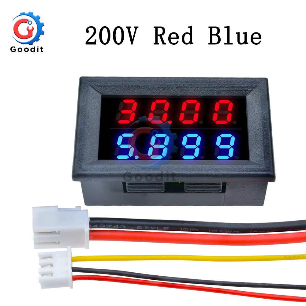 Digital DC Voltmeter Ammeter 4 Bit 5 Wires DC 100V 200V 10A Voltage Current Amp Panel Meter Power Supply LED Dual Display Meter: 200V Red Blue