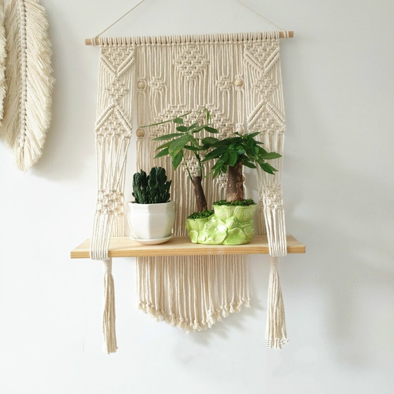 Macramé de doble capa de madera para colgar en la pared, marco de partición, decoración, Hogar, cesta, soporte de planta, cesta de flores, decoración Boho