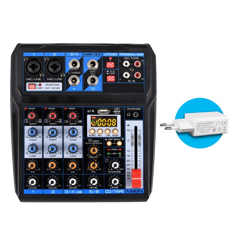 6 Channel 16 DSP Effects Audio Mixer Sound Mixing Console DC5V Power Supply USB Record Bluetooth Sound Card: EU
