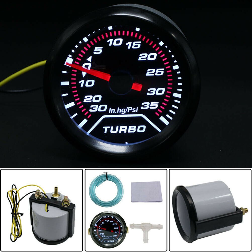 12V Car IN-HG PSI Meter Replacement White Light Auto Boost Gauge (Black, Random Color Bracket)