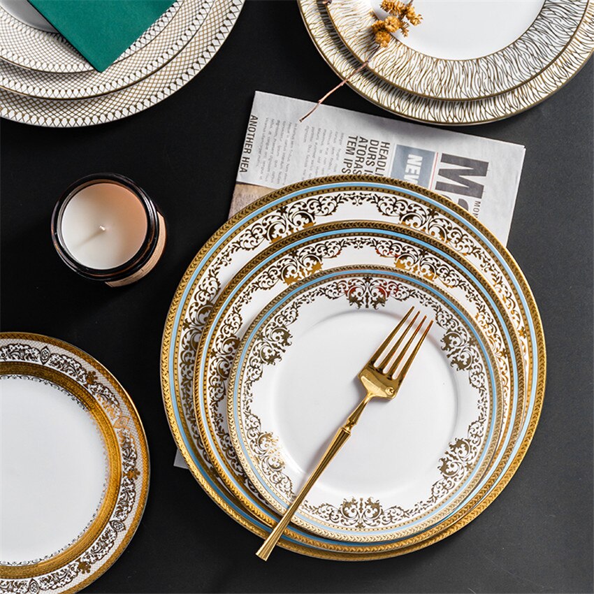 European Style Gold Side Steak plates Retro Tableware Western food plates Dessert Tray Kitchen Dinner Ceramic Pasta plates