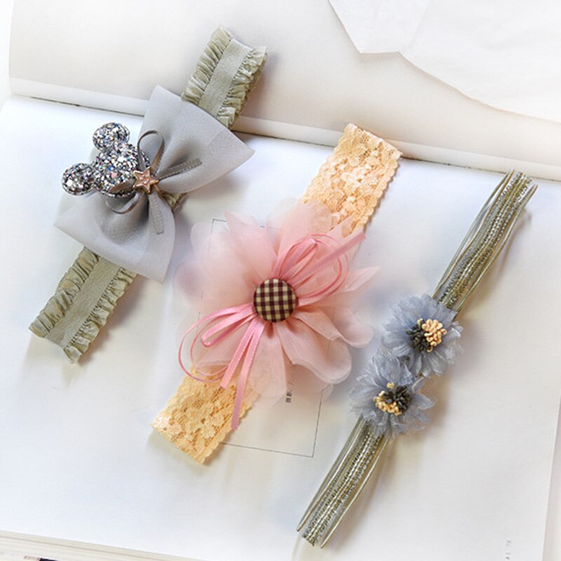 3 Pcs/Set Lace Flower Baby Headband Crown Bows Hairband Girl Turban Elastic Baby Hair Band Newborn Baby Hair Accessories: Style 1 S04