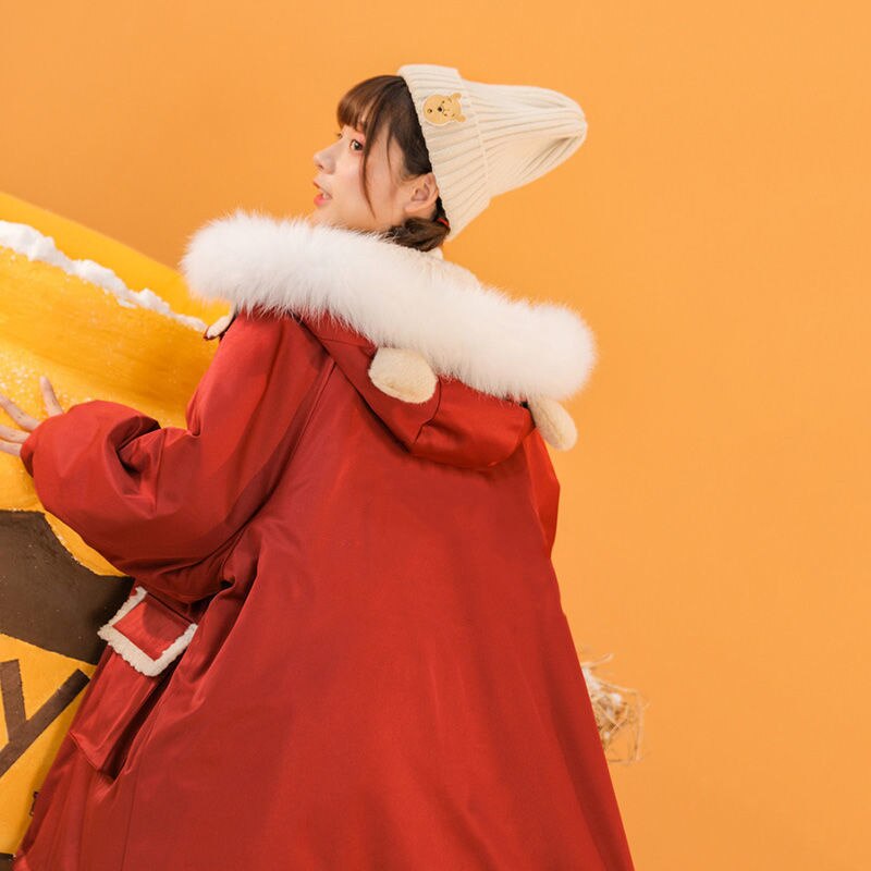 2021 grube ciepłe damskie zimowe ocieplane kurtki duże parki z futrzanym kołnierzem Kawaii luźne Harajuku dla kobiet ponadgabarytowe nadrukowana bluza z kapturem czerwone ubrania