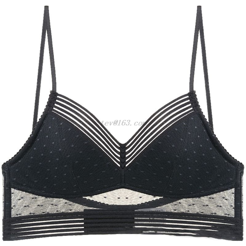 Sexy Women Lingerie Deep U Low Back Lace Bralette Thin Cup Polka Dot Bustier Top Mesh Wireless Seamless Breathable Underwear Bra: Black / XL