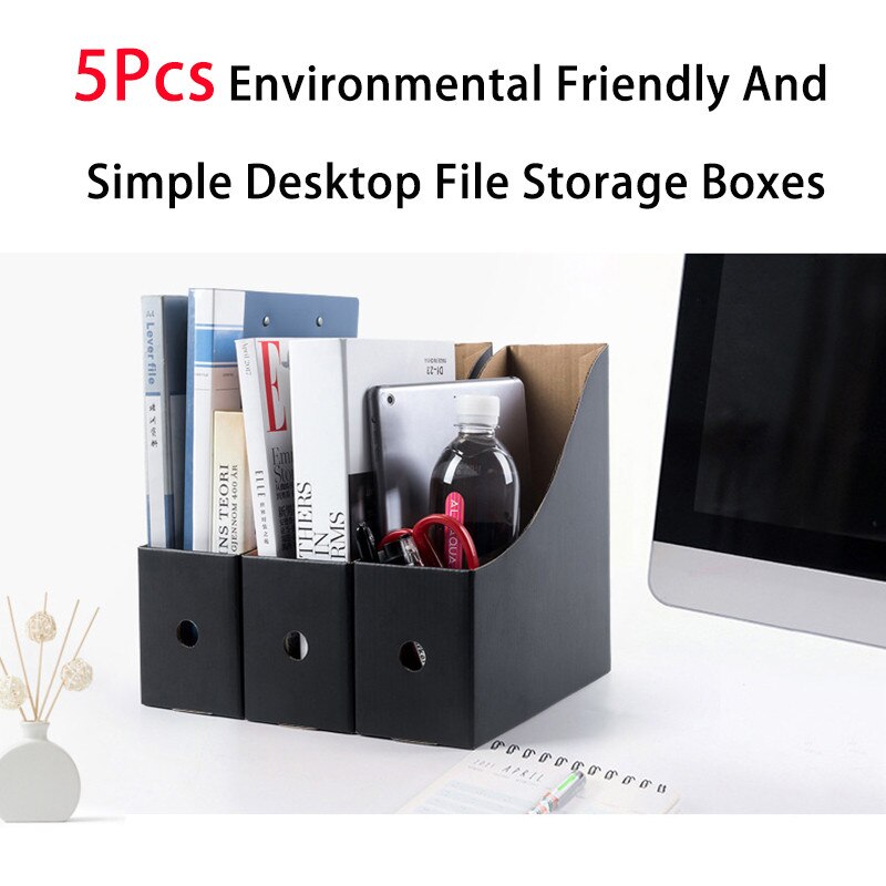 5Pcs/Set File Book Holder School Foldable Desk Organiser Office Letter Magazine Document Storage Cardboard Box Stationery Black