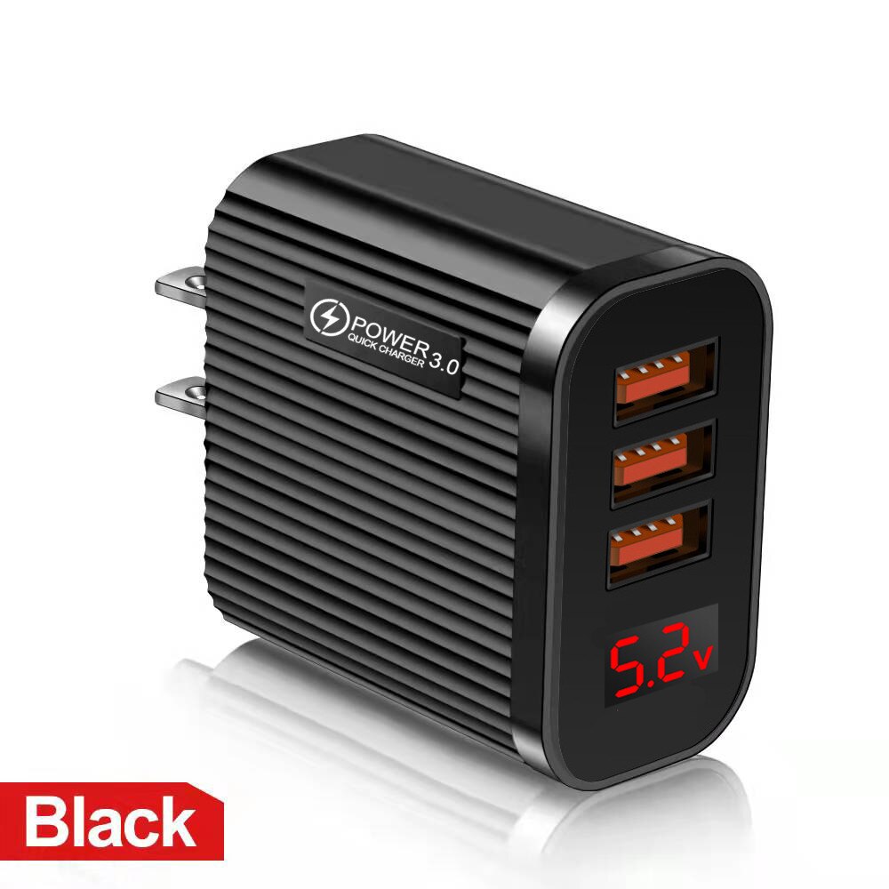 3 porty 5V 3.1A ładowarka USB szybka ładowarka z cyfrowym wyświetlaczem LED dla iPhone 12 11 XS Samsung Xiaomi telefon szybkie ładowanie: US Black