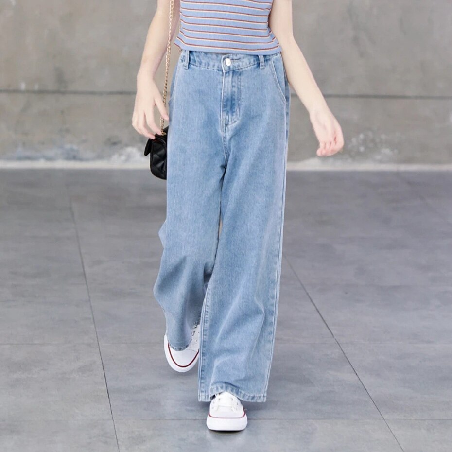 Teenage Girls Jeans Spring Autumn Casual Loose Blue Kids Leg Wide Pants School Children Trousers 6 8 10 12 Year