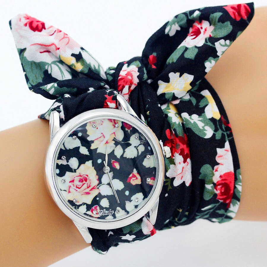 Shsby – montre-bracelet en tissu pour femmes, , motif floral, tendance, bonne , jolie montre pour filles: silver 05
