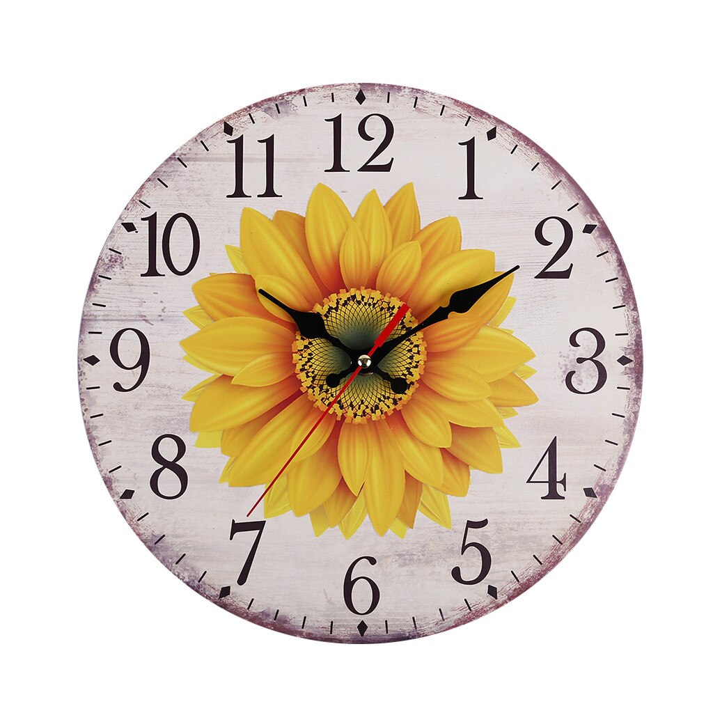 Horloge murale domestique à piles grand écran tournesol Vintage en bois suspendus horloges cuisine chambre maison décoration créative: D