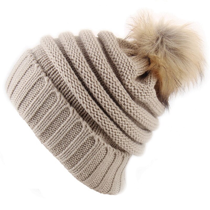 Winter Warm Female Fur hat Spring Hat For Women Girl 's Hat Knitted Beanies Cap Hat Thick Women Skullies Beanies: 09 Beige