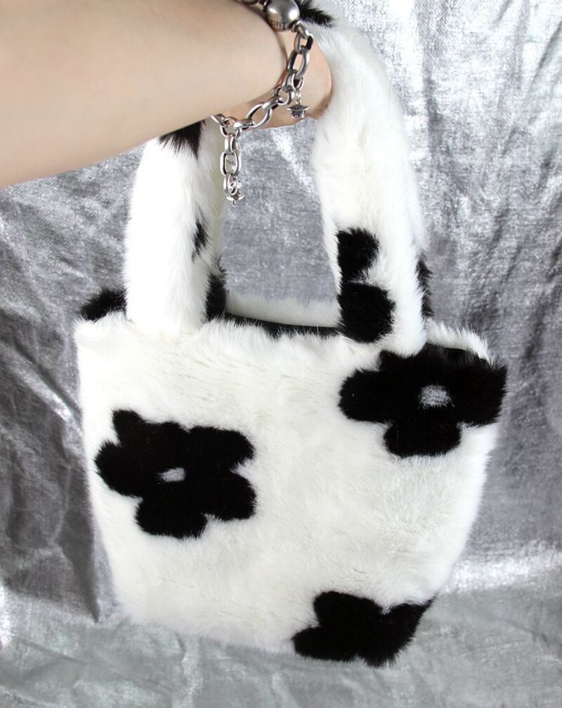 Winter Flower Fur Bags For Women Plush Bag Harajuku Cool Street Fluffy Zebra Handbag Chic Party Club Mini Bag Femme: flower big