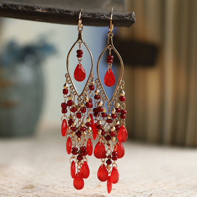 Boho Colorful Resin Beads Tassel Dangle Earrings for Women Long Bohemia Acrylic Earrings Jewelry Accessories: E1800-Red