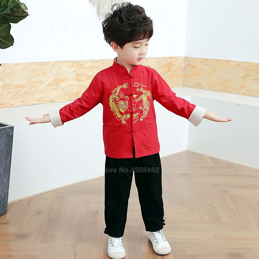 Hauts chinois pour enfants, costume Tang, Dragon Emboridey Hanfu, pour bébé fille et garçon, vêtements de nouvel an, chemise, vêtements traditionnels pour hommes, veste de fête