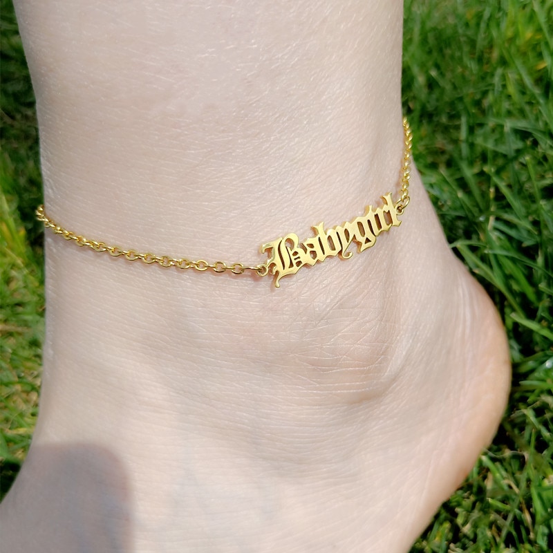 Baby Girl Anklets Gold Chian Enkelbandjes Sieraden Old English Font Letter Bracelets Boho Jewelry Women Graduation