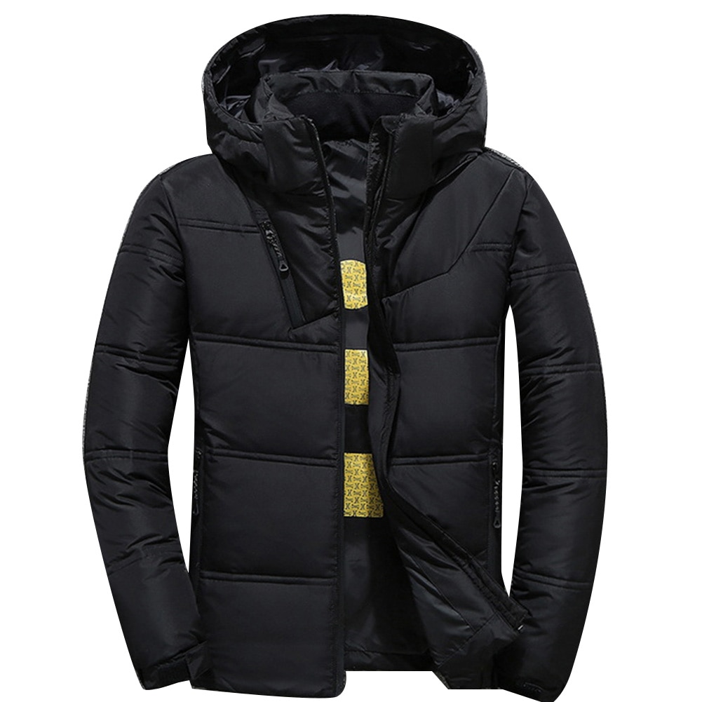 Newest Men Winter Solid Color Zip Warm Hooded Down Jacket Outdoor Sports Parka Coat: Black / XXL