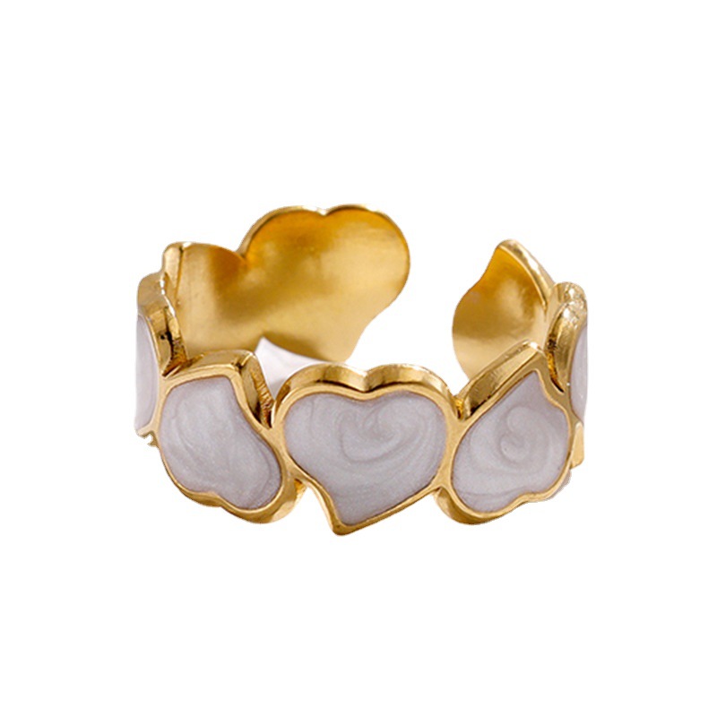 Anillos de corazón blanco y negro de acero inoxidable para mujer, anillos abiertos con goteo de aceite de Color dorado, joyería de boda, , bisutería para mujer