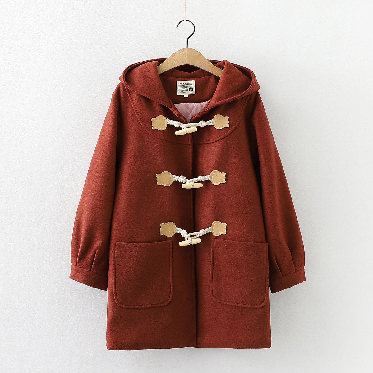 Cappotto di lana con bottoni in corno di orso in stile giapponese donna di media lunghezza 2020 autunno inverno cappotto di capispalla allentato Casual spesso 2010622: Rosso / M
