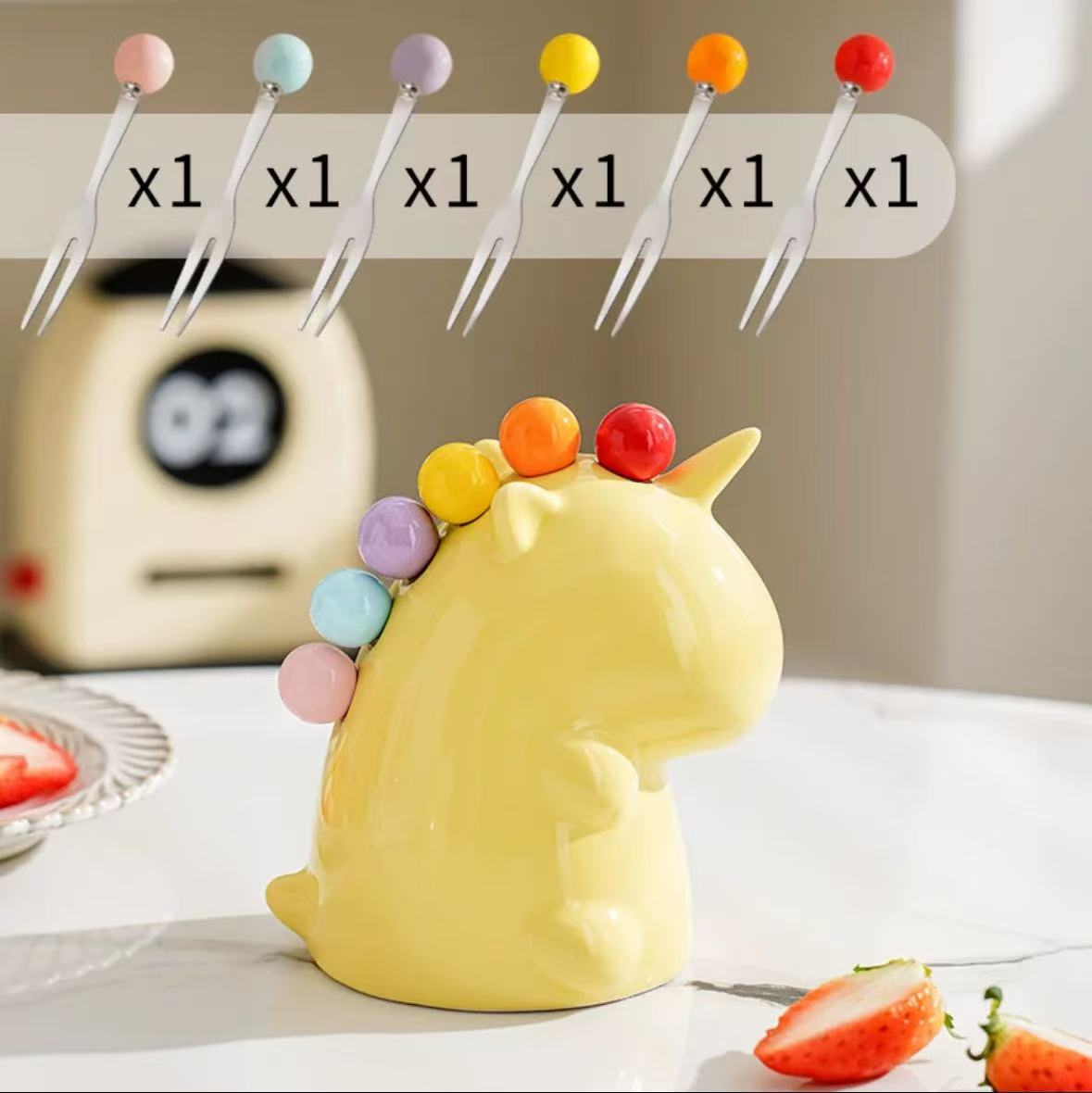 Kreative Kawaii Einhorn Edelstahl Obst Gabel Nette Lagerung einstellen Obst Gabel Küche Lagerung Kaffee Tee Nachtisch Gabel einstellen: Gelb