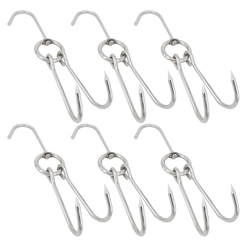 6pcs Double Meat Hooks Stainless Steel Drying Roast Duck Hook Bacon Hanger Grill Hanging Rack Bacon Hanger for Home BBQ Butcher