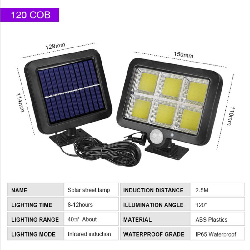 Pir bevægelsessensor outdooe gadelys solpanel strøm 30w 600lm cob 120/100 led vandtæt sollys væg have solcellelamper: Cob 120 lysdioder