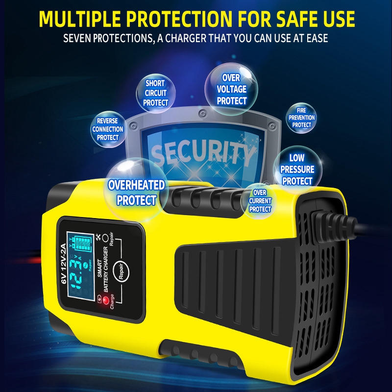 2A Universal Full Automatic Digital LCD Display Car Motorcycle Battery Charger 6V 12V Smart Battery Clips Starting Device