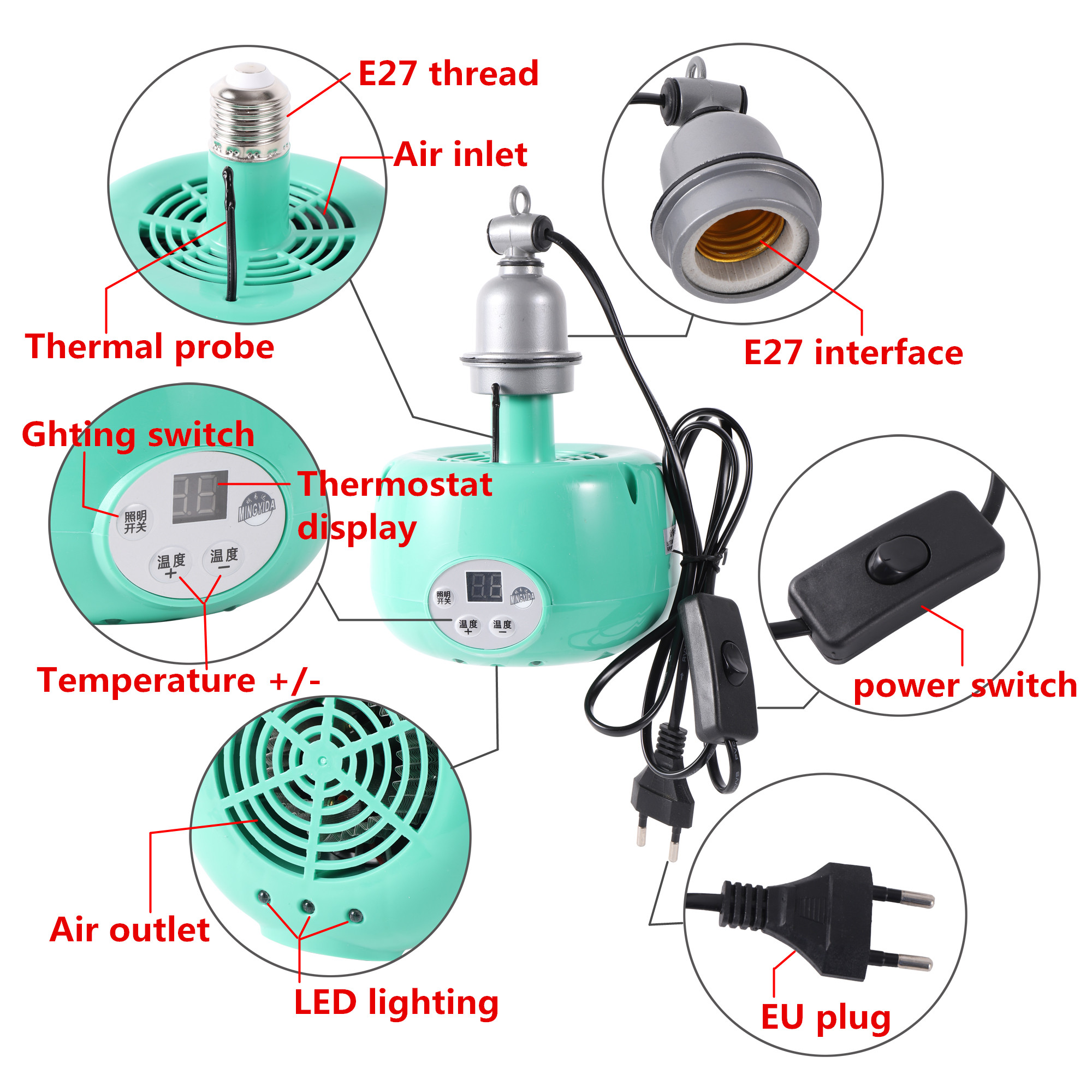 Kæledyr varmelampe dyr varmt lys kylling termostat temperaturregulator varmelegeme krybdyr boks varme lampe 220v 300w
