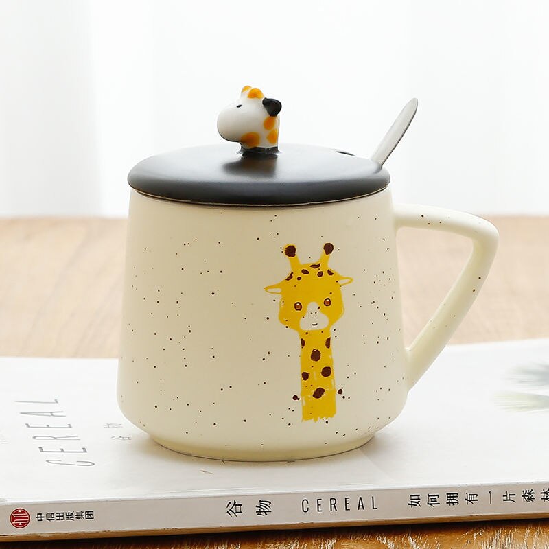 Giraffe Heat-resistant Mug Cartoon with Lid 400ml Cup Kitten Coffee Cup Travel Mug Ceramic Mugs Office Drinkware: A