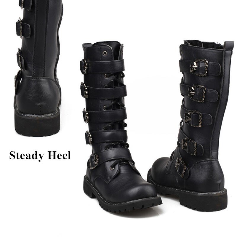 botte chaussures hommes chaussure moto homme boots homme Bottes hautes Punk noires mi-mollet pour hommes, chaussures Vintage à plateforme en métal, confortables, antidérapantes, pour moto en plein air, grande taille