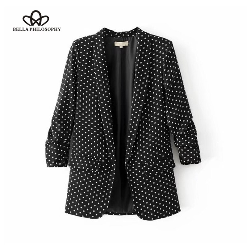 Bella Philosophy women casual black folded sleeve office ladies blazer business jacket polka dot print female jacket