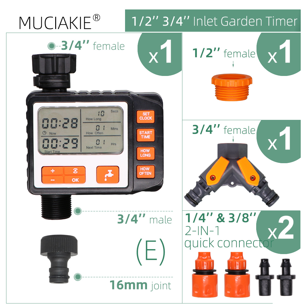 Temporizador de riego por goteo para jardín, controlador Digital programable automático, válvula solenoide, sistema de aspersores para invernadero doméstico: E