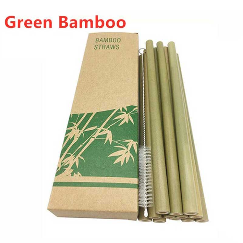 10 pieces/set of natural eco-friendly bamboo straws reusable kitchen tools with cleaning brushes and paper box party supplies: Green Bamboo