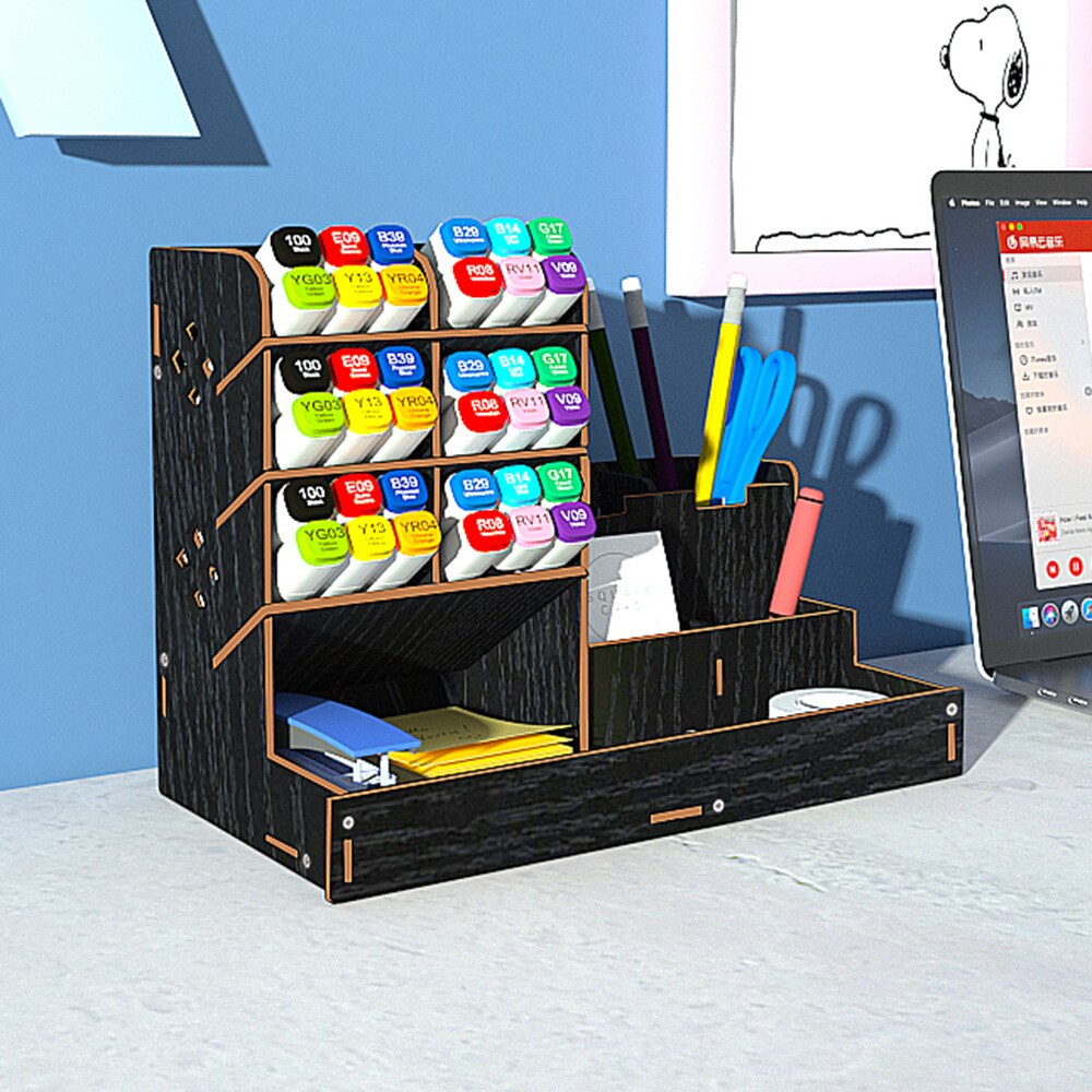 Desktop Pen Holder Wooden Pencil Organizer Students Stationary Storage Box Office School Stand Case Cosmetic Makeup Supplies: B17-1-Black