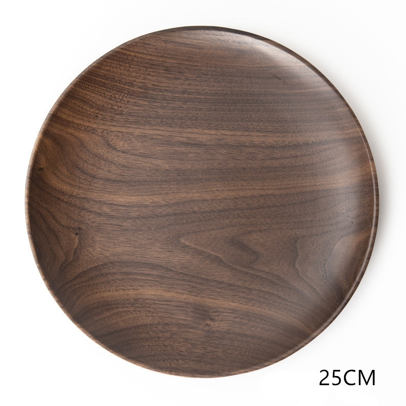 Assiettes rondes en noyer noir, vaisselle en bois, pour dîner, Dessert, thé, stockage des aliments: 25CM