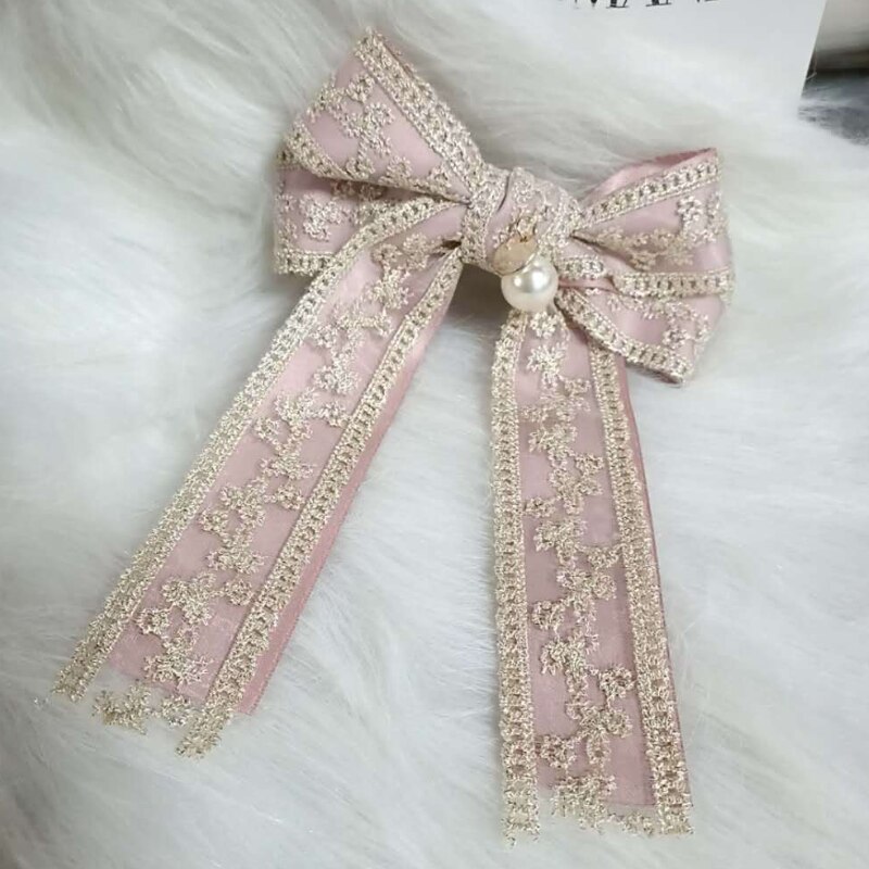 Vintage Fabric Big Bow Brooch Lace Embroidery Bowkont Necktie Shirt Collar Jewelry for Women Accessories: pink