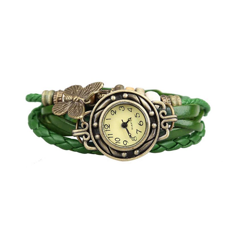 Multicolor Vrouwen Lederen Vintage Armband Polshorloge Weave Wrap Faux Lederen Vlinder Kralen Hanger Chain J: green