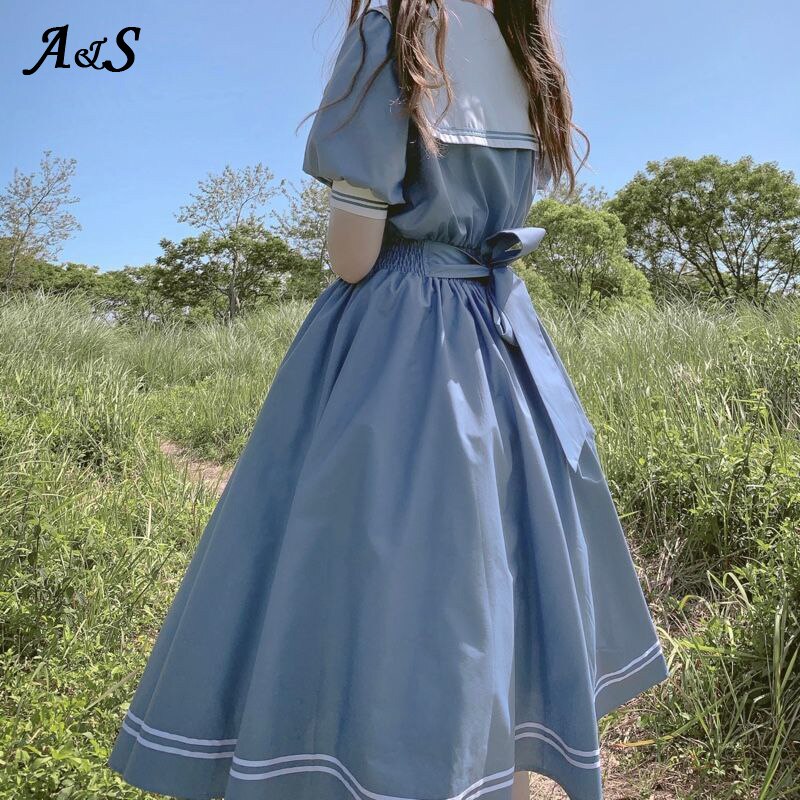 Anbenser japonês doce lolita vestido harajuku marinheiro colarinho vestidos da marinha vintage arco kawaii meninas estilo preppy vestido de manga longa