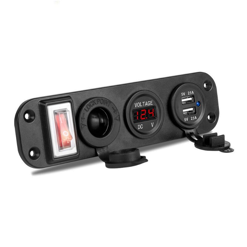 5V 2.1A + 2.1A Dubbele USB Autolader 12V 24V LED Display Digitale Voltmeter Sigarettenaansteker Power outlet Schakelaar Paneel: Red 4 in 1