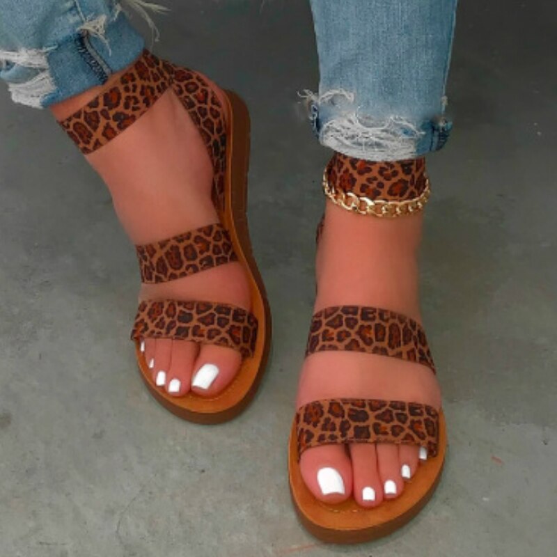 Platte Sandalen Voor Vrouwen Cross Tie Enkelbandje Gestreepte Leapard Elastische Band Casual Outdoor Beach Party Vrouwelijke Dames Schoenen: Leopard / 6.5