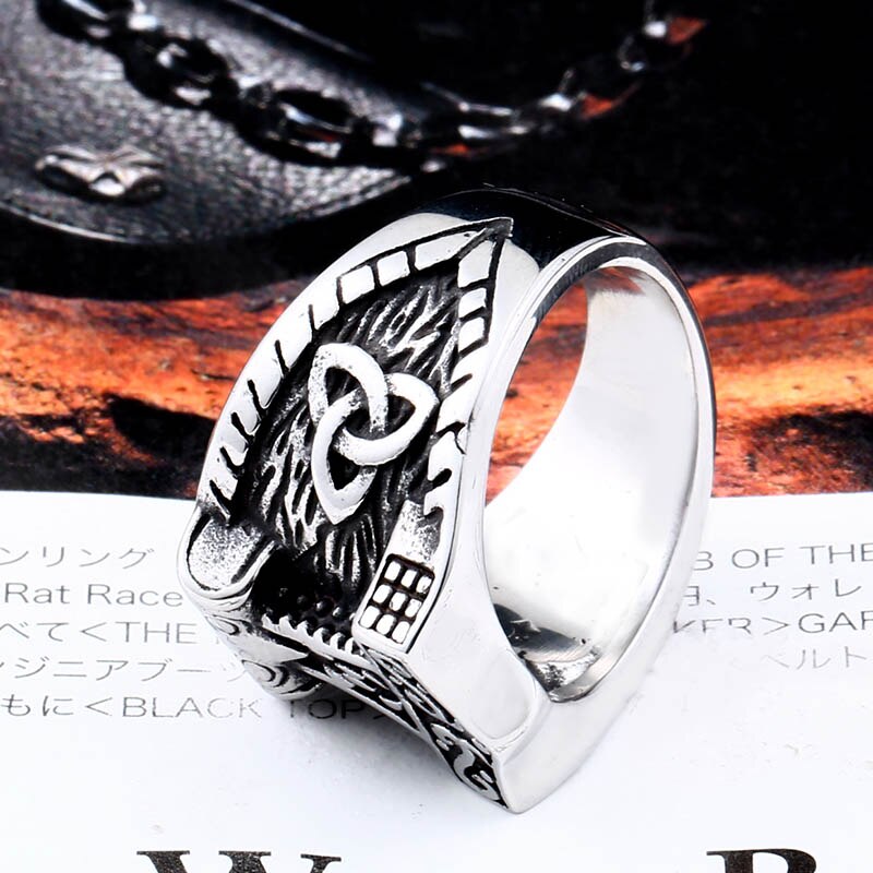 Beier 316L Stainless Steel Nordic Pagan Triskele Helm of Awe Aegishjalmur Futhark Viking Magic Stave Runic Amulet Ring LR563